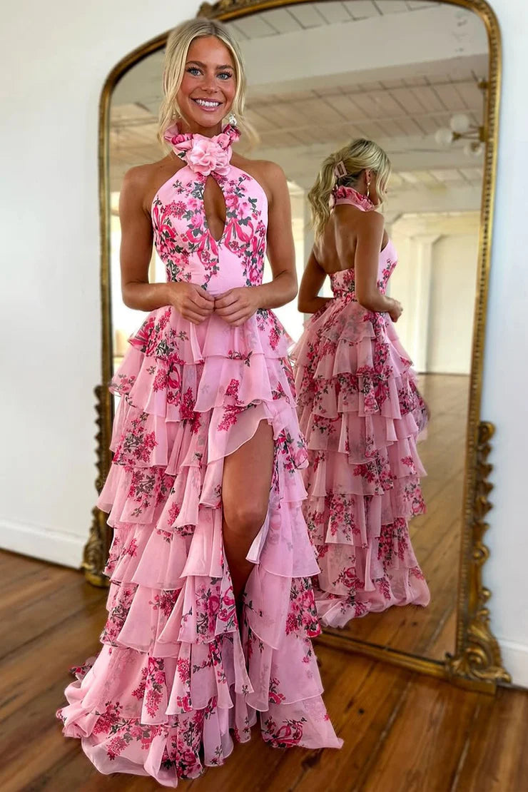 TingPo Wholesale Elegant Cute Sheath Halter Floral Printed Chiffon Tiered Prom Dress with Slit